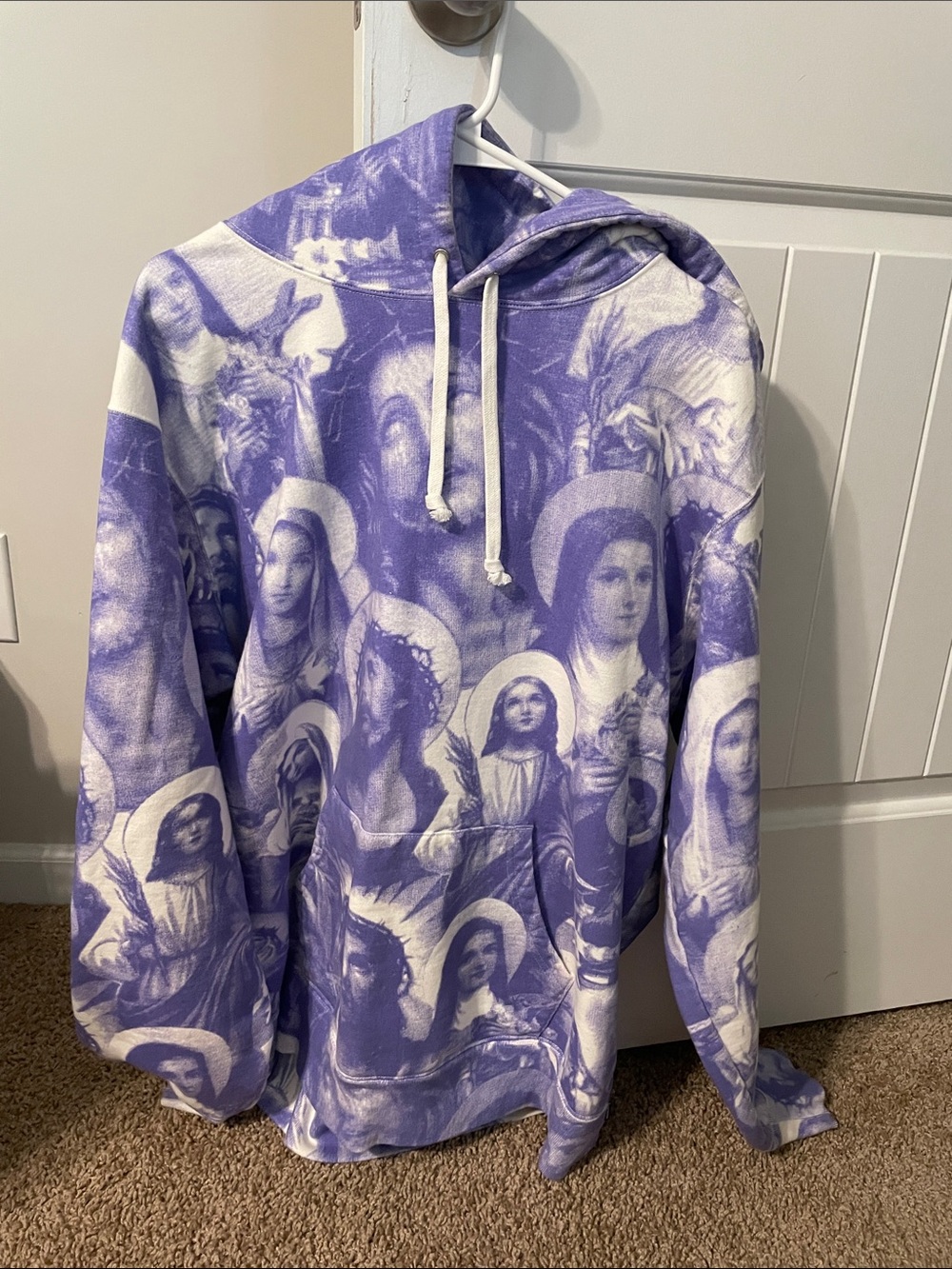 Supreme Purple and White Religious Print Crewneck Hoodie - Men